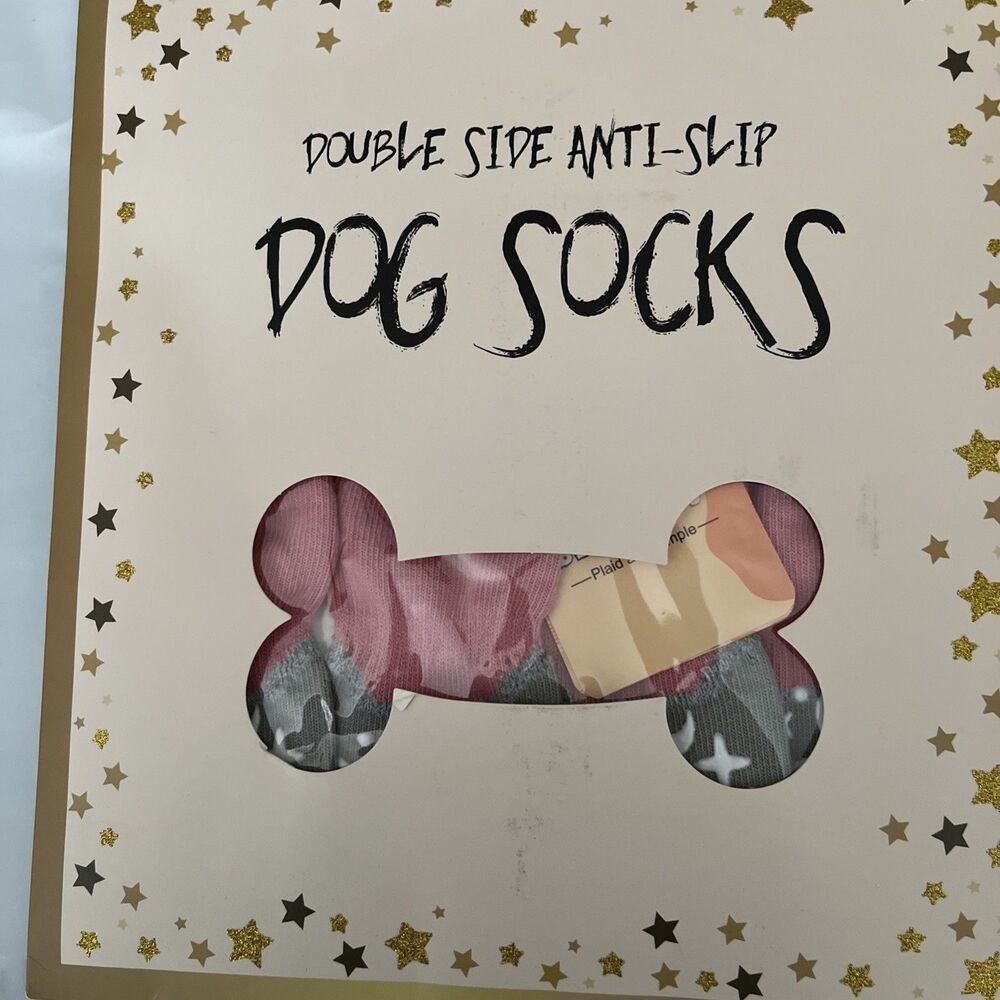 Dog Socks Size Medium Double-sided Anti-slip Gray With A Pink And White Pattern.